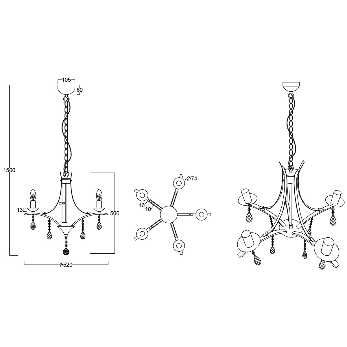 Lustre et suspension LED - Trion Lacarno - Douille E14 - 5-lumières - Rond - Mat Chrome - Aluminium