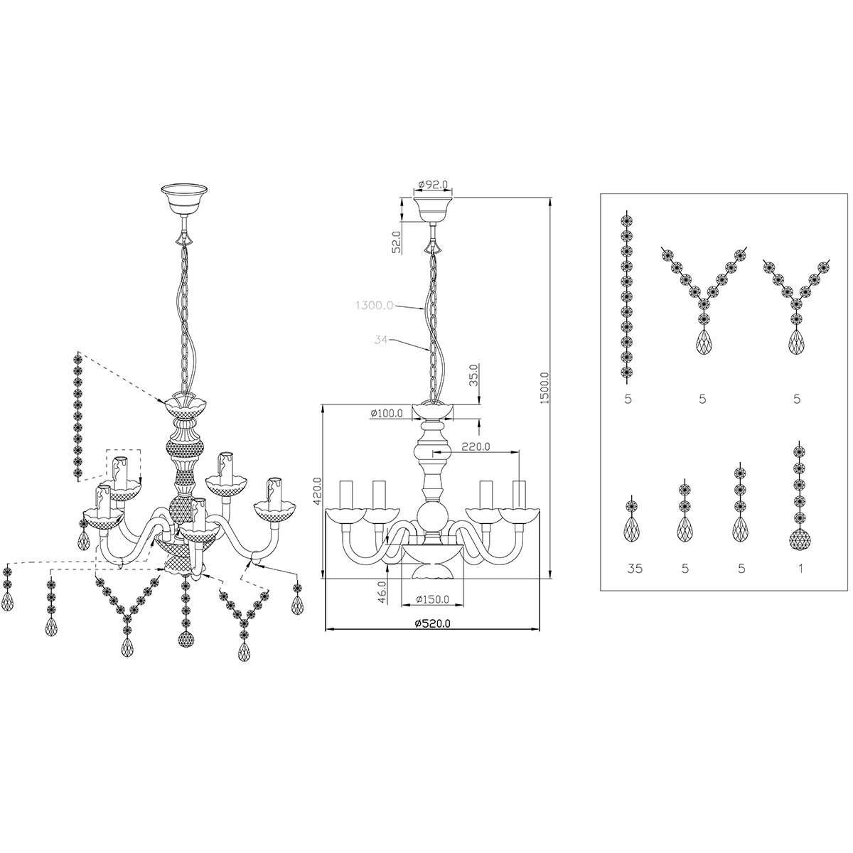 Lustre et suspension LED - Trion Lucy - Douille E14 - 5-lumières - Rond - Mat Chrome - Aluminium