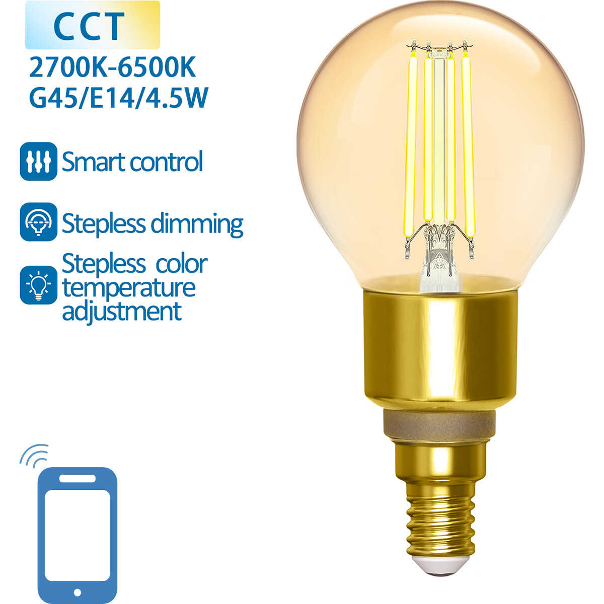 Lampe LED - Filament - LED Intelligente - Aigi Delano - Bulb G45 - 4.5W - Douille E14 - LED Wifi + Bluetooth - Couleur de lumière ajustable - Ambre - Verre