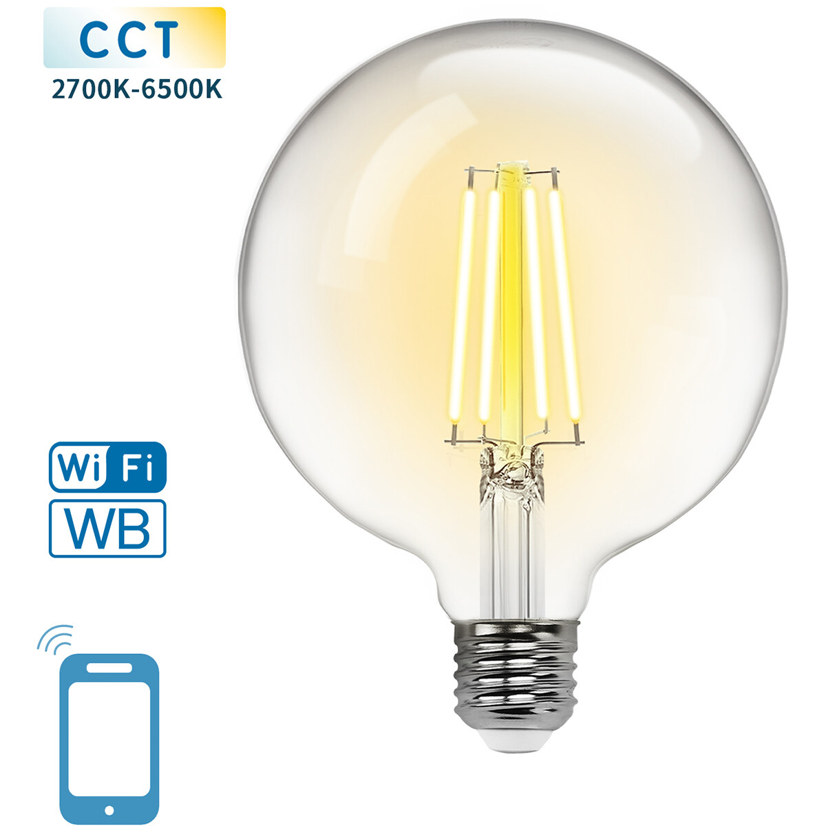 Lampe LED - LED Intelligente - Aigi Rixona - Bulb G125 - 6W - Douille E27 - LED Wifi + Bluetooth - Couleur de lumière ajustable - Transparent Clair - Verre