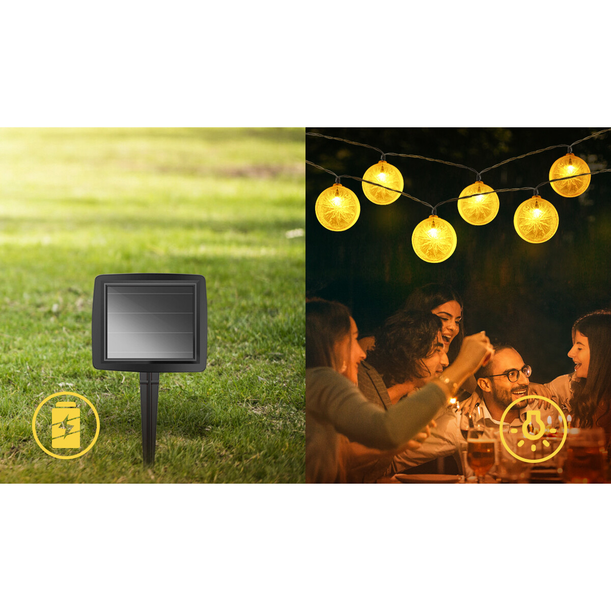 Guirlande lumineuse solaire LED - Capteur Jour/Nuit - Aigi Stiac - Citron - 10W - Blanc Chaud 3000K - 3.8 Mètres - 10 LED's Transparent - Étanche IP44 - Noir