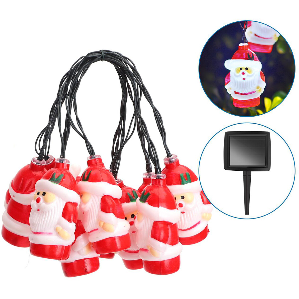 Guirlande lumineuse solaire LED - Capteur Jour/Nuit - Aigi Stiac - Père Noël - 10W - Blanc Chaud 3000K - 3.8 Mètres - 10 LED's Transparent - Étanche IP44 - Noir