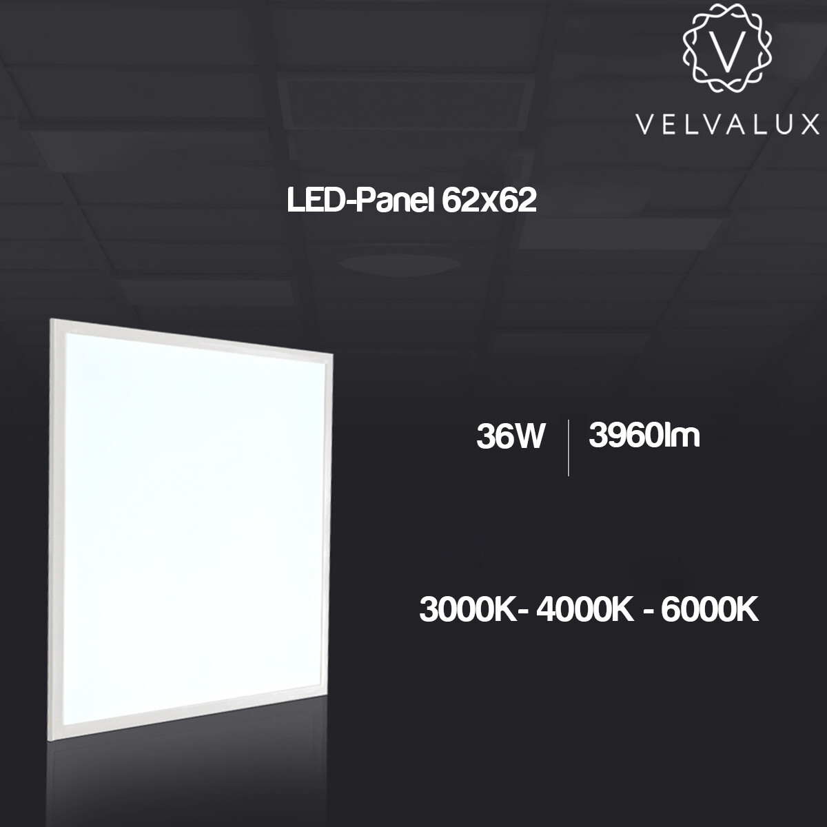 Pack Panneau LED 62x62 6 - Velvalux Lumis - Panneau LED pour Plafond Suspendu - Blanc Neutre 4000K - 36W - Encastré - Carré - Blanc - Sans Scintillement