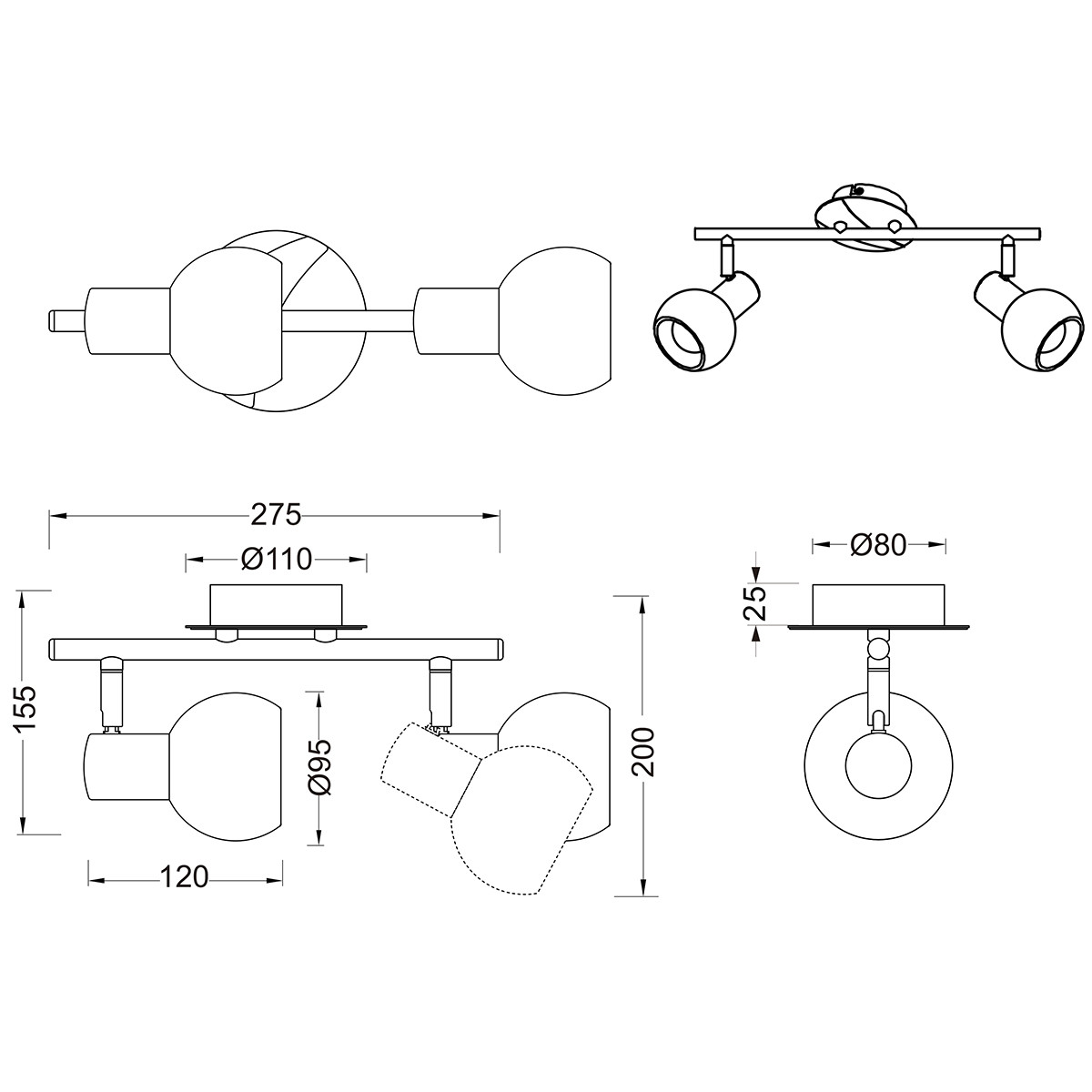 Spot de plafond LED - Trion Besina - Douille E14 - 2-lumières - Rond - Mat Nickel - Aluminium