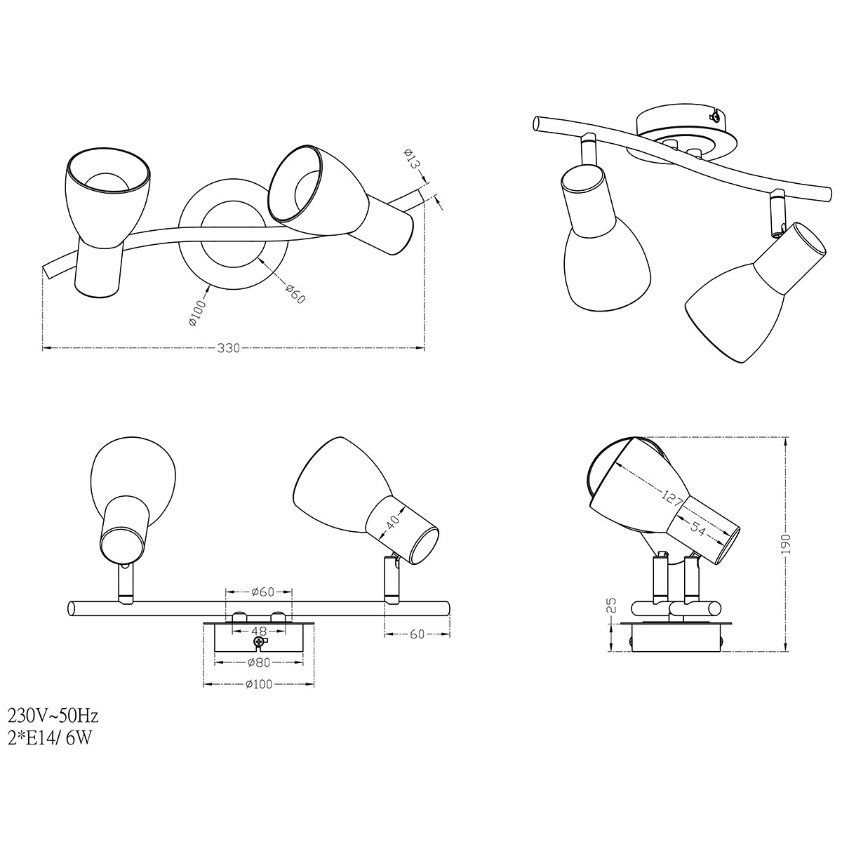 Spot de plafond LED - Trion Levino - Douille E14 - Blanc Chaud 3000K - 2-lumières - Rectangle - Mat Or - Aluminium