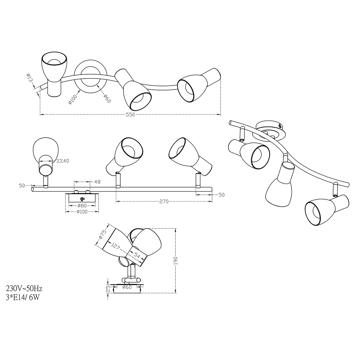 Spot de plafond LED - Trion Levino - Douille E14 - Blanc Chaud 3000K - 3-lumières - Rectangle - Mat Or - Aluminium