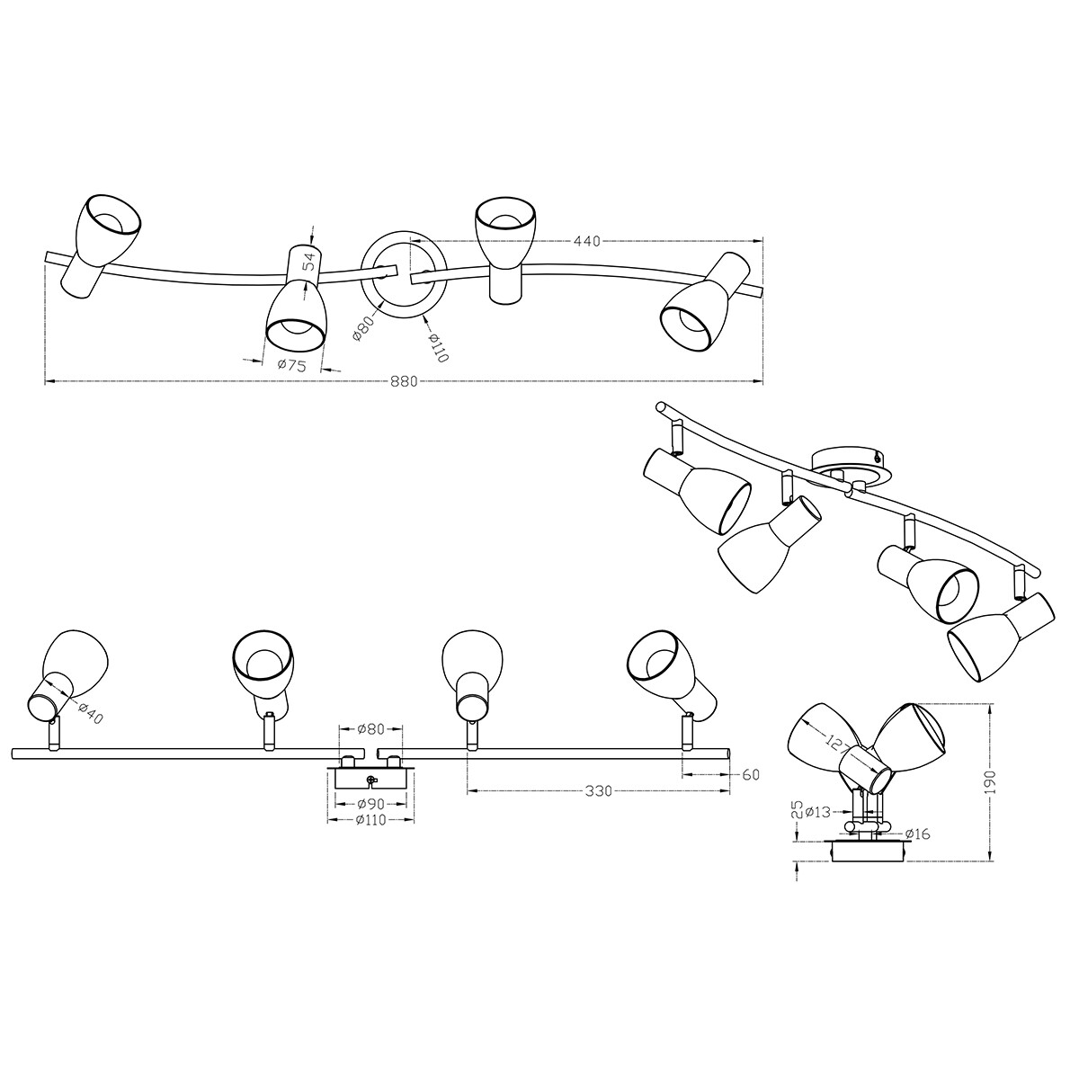 Spot de plafond LED - Trion Levino - Douille E14 - Blanc Chaud 3000K - 4-lumières - Rectangle - Mat Or - Aluminium