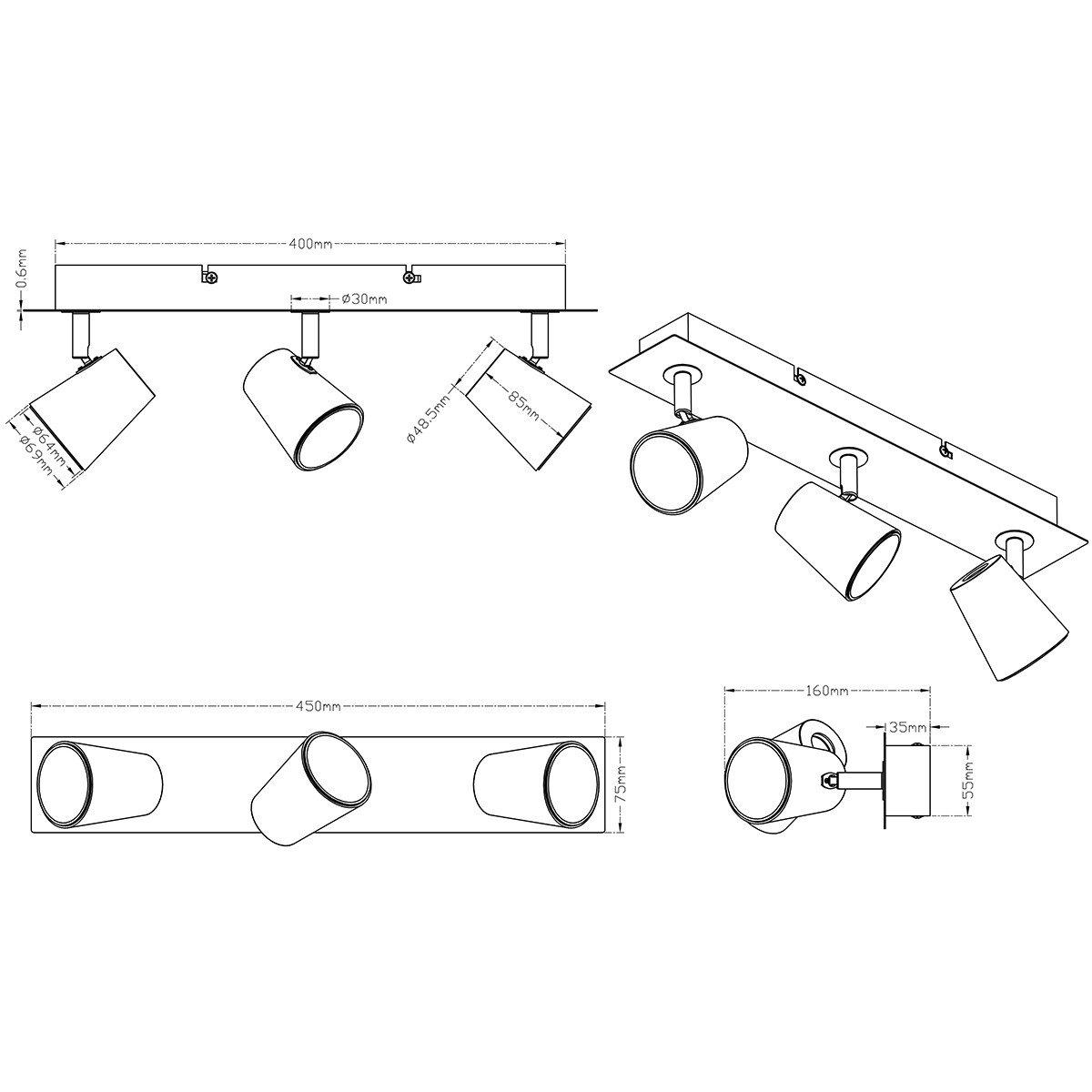 Spot de plafond LED - Trion Narca - 18W - Blanc Chaud 3000K - 3-lumières - Rectangle - Mat Nickel - Aluminium