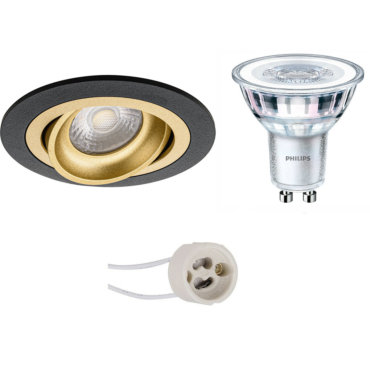 Set de spots LED - Pragmi Alpin Pro - Douille GU10 - Rond Encastré - Mat Noir/Or - Inclinable Ø92mm - Philips - CorePro 830 36D - 3.5W - Blanc Chaud 3000K