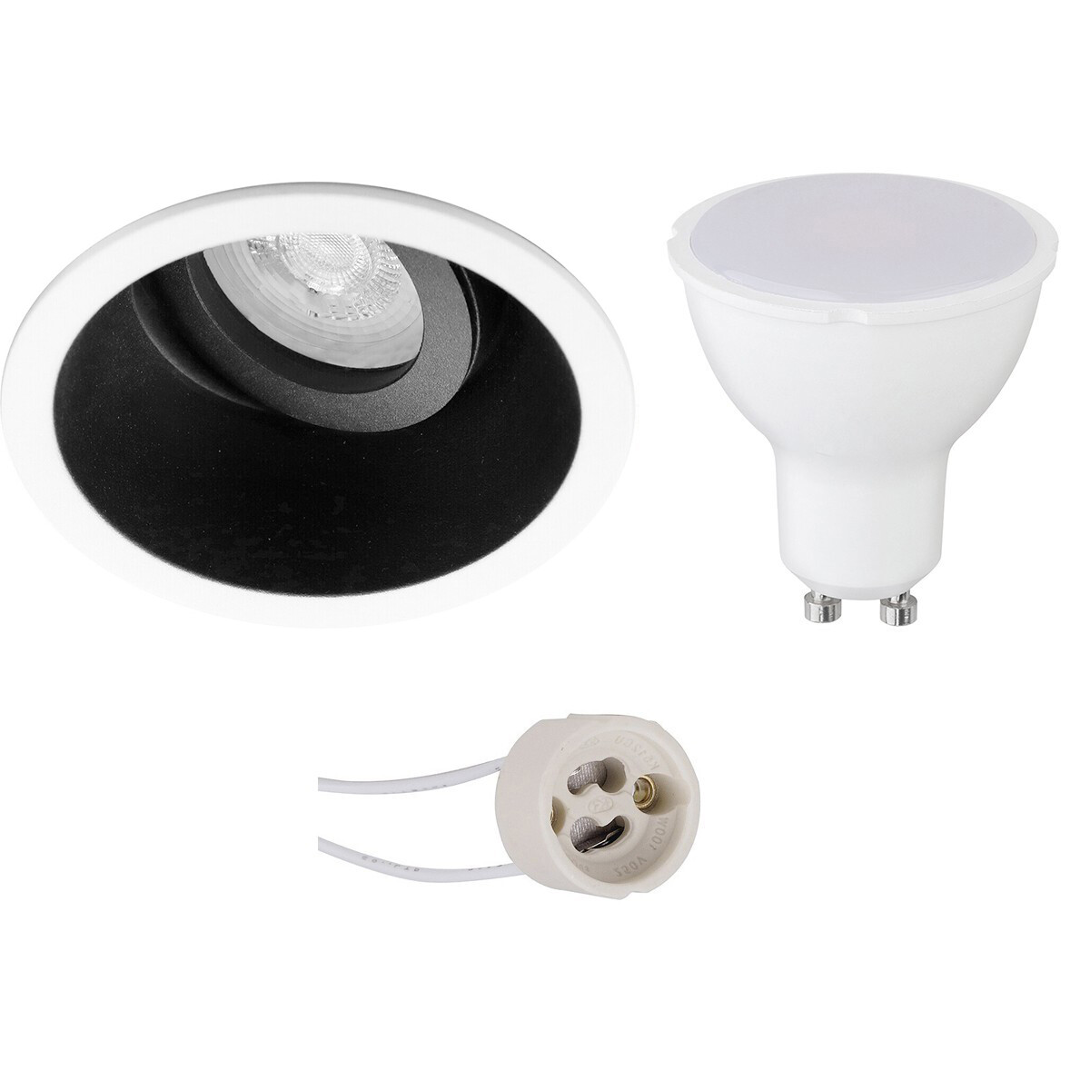 Set de spots LED - Pragmi Zano Pro - Douille GU10 - Dimmable - Rond Encastré - Mat Noir/Blanc - 6W - Blanc Chaud 3000K - Inclinable - Ø93mm