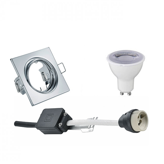 Set de spots LED - Trion - Douille GU10 - Dimmable - Carré Encastré - Chrome Brillant - 6W - Blanc Chaud 3000K - Inclinable 80mm