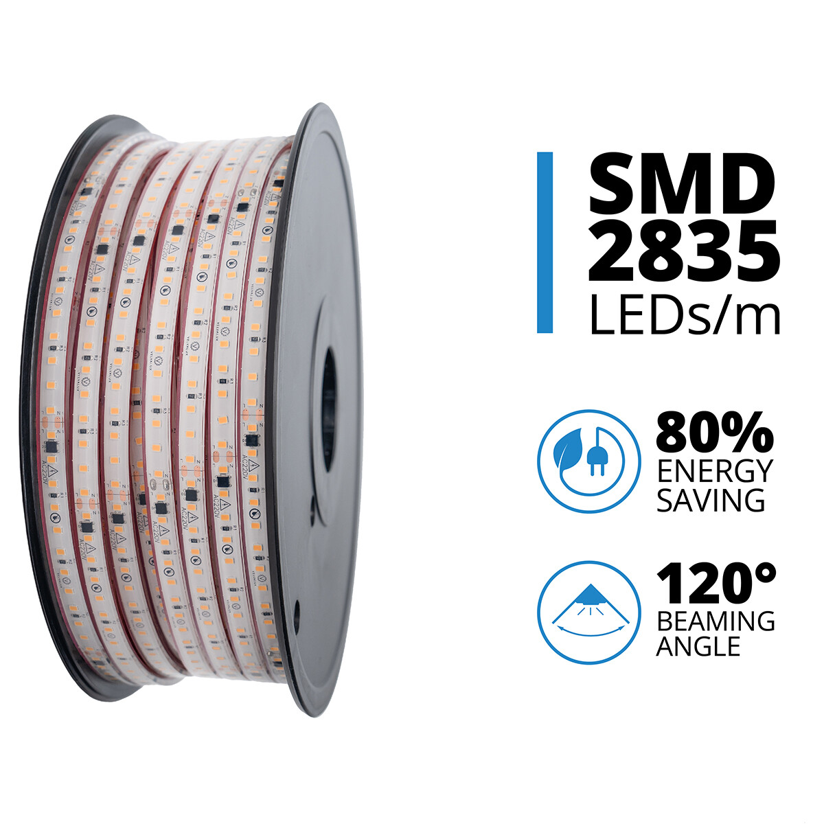 Bande LED - Velvalux - 50 Mètres - Blanc Chaud 3000K - Dimmable - Étanche IP67 - 96000 Lumens - 6000 LEDs - Connexion Directe au Secteur - Fonctionne sans Driver