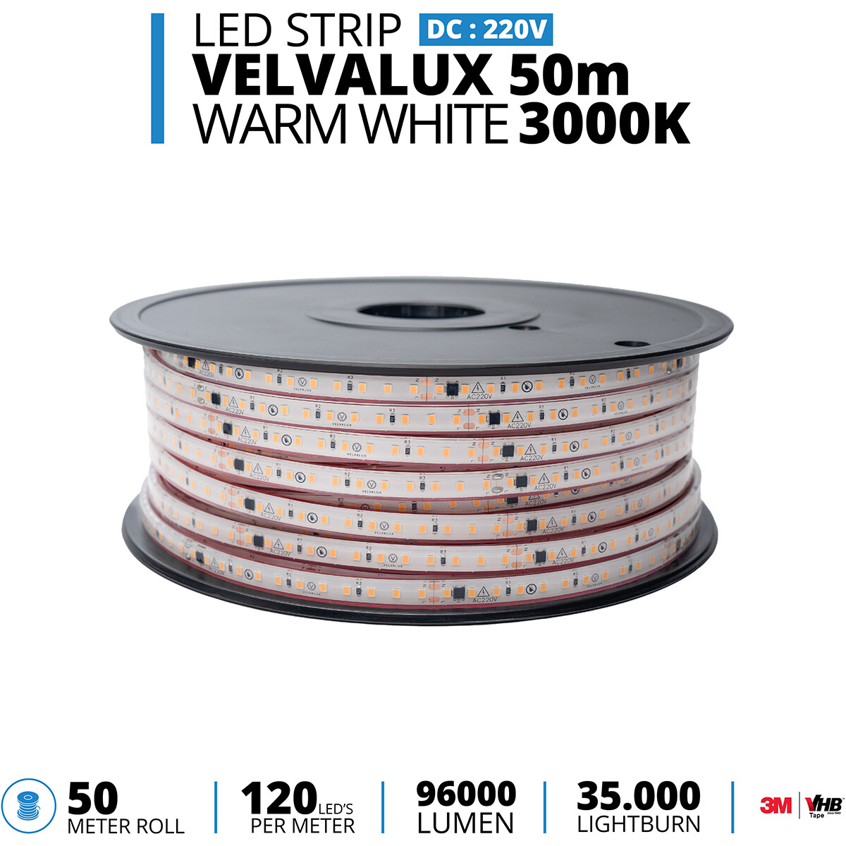 Bande LED - Velvalux - 50 Mètres - Blanc Chaud 3000K - Dimmable - Étanche IP67 - 96000 Lumens - 6000 LEDs - Connexion Directe au Secteur - Fonctionne sans Driver