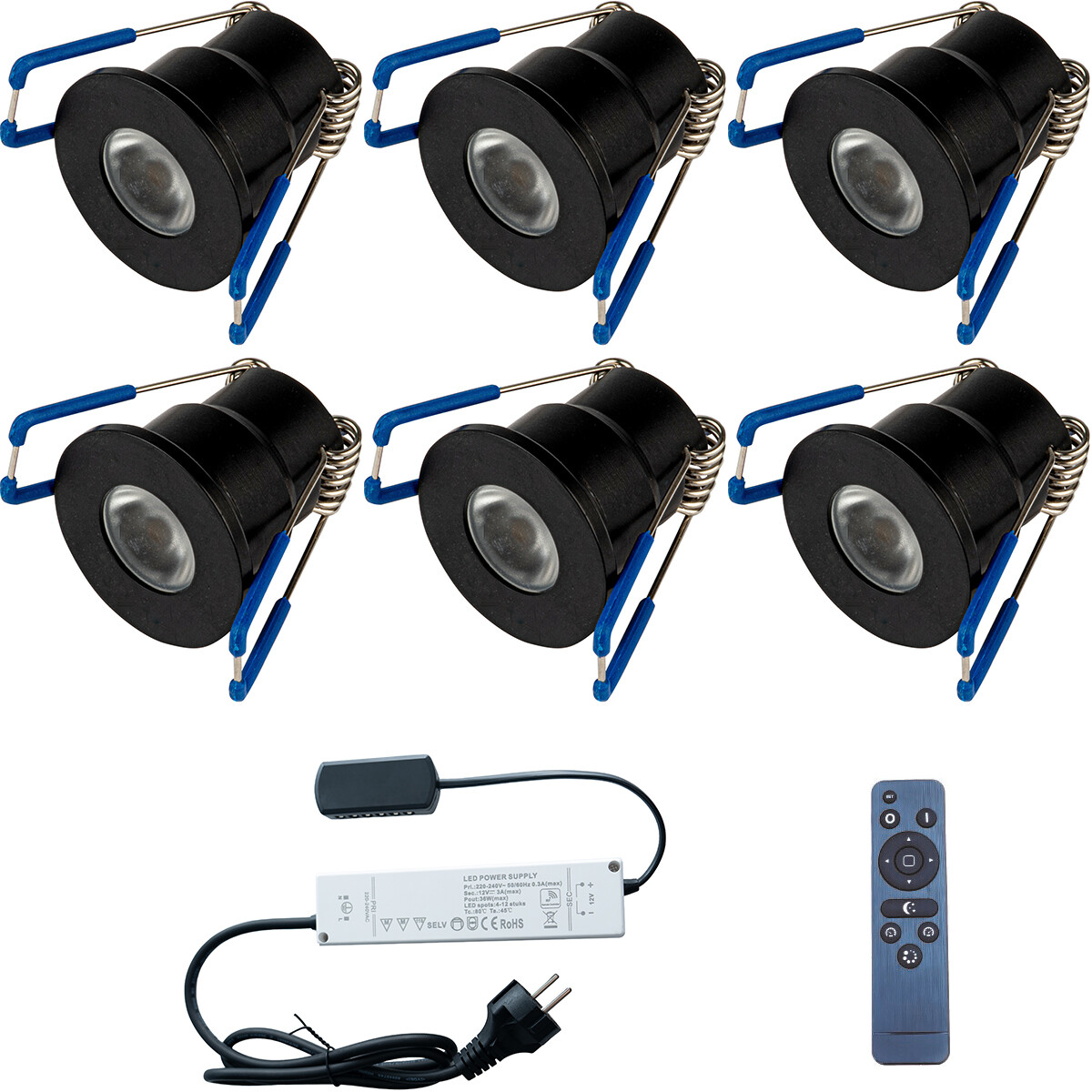 Spot de Véranda LED Ensemble Complet - 6 Pièces - 3W - Blanc Neutre 4000K - Dimmable - Étanche IP65 - Encastré - Rond - Mat Noir - Aluminium - 12V