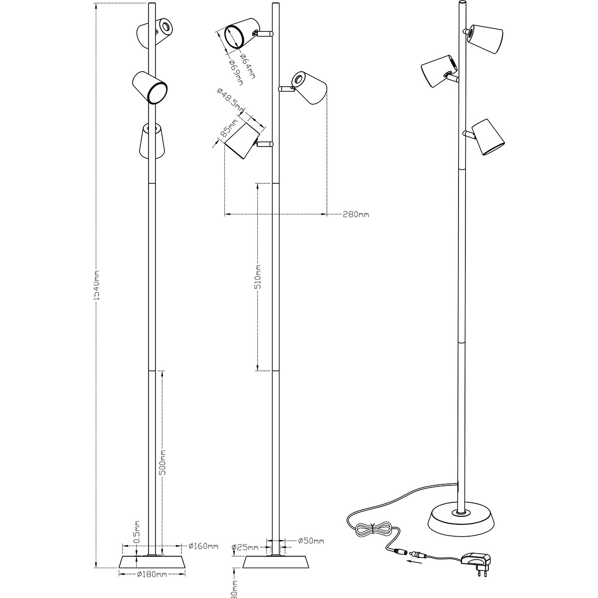 Lampadaire LED - Trion Narca - 20.7W - Blanc Chaud 3000K - 3-lumières - Dimmable - Rond - Mat Nickel - Aluminium