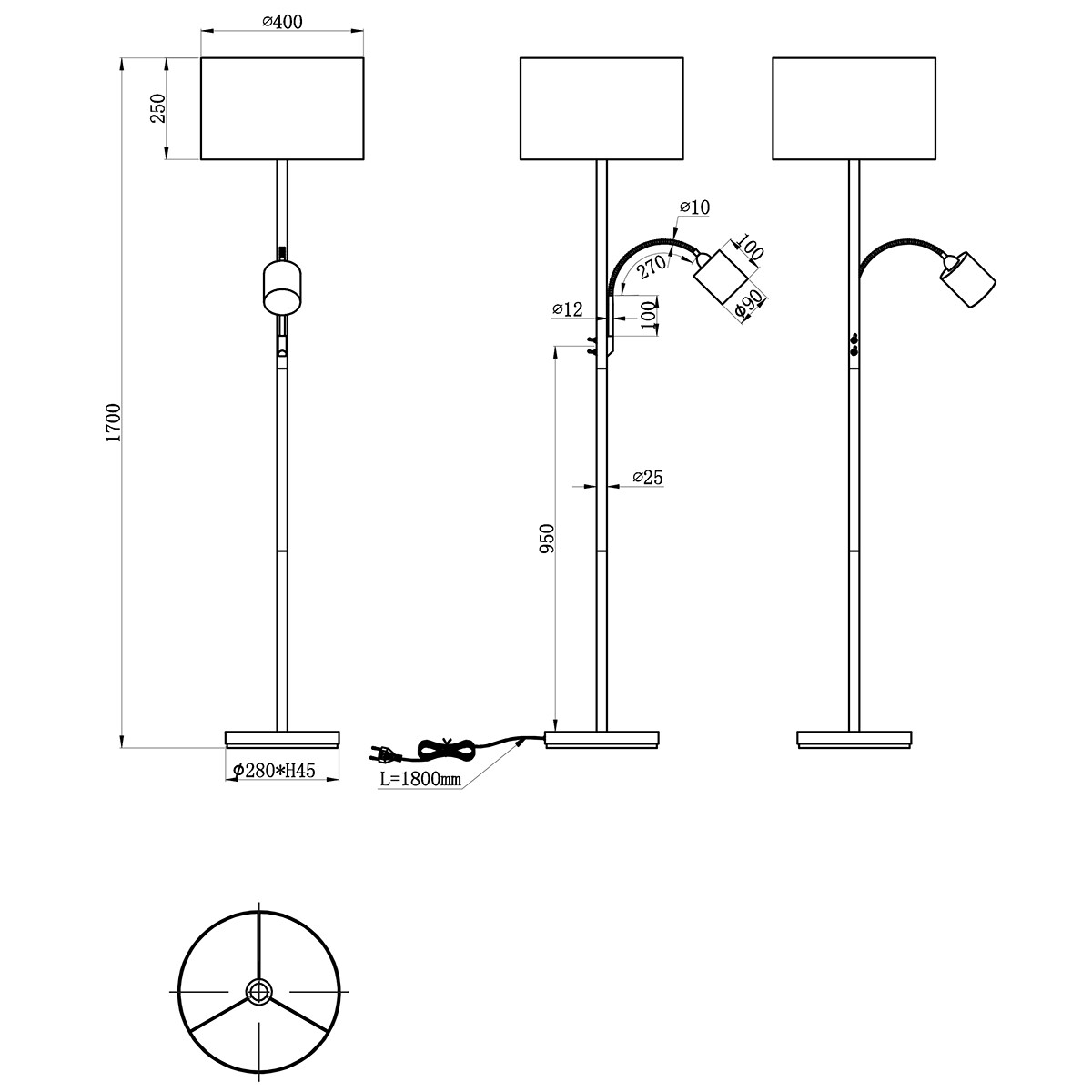 Lampadaire LED - Trion Hotia - Douille E14 - Rond - Mat Gris - Aluminium