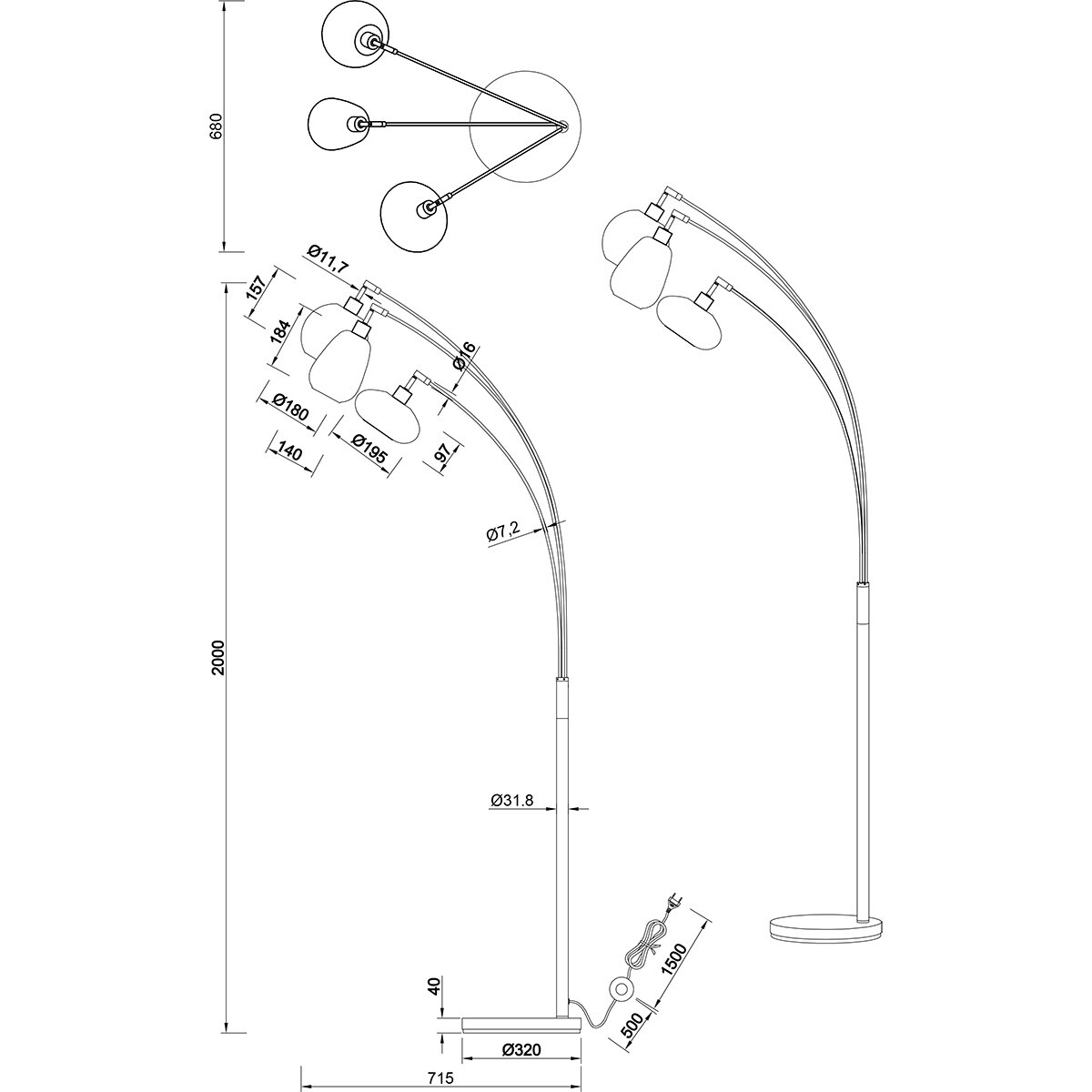 Lampadaire LED - Trion Lina - Douille E14 - 3 lumières - Rond - Verre - Noir Mat - Métal