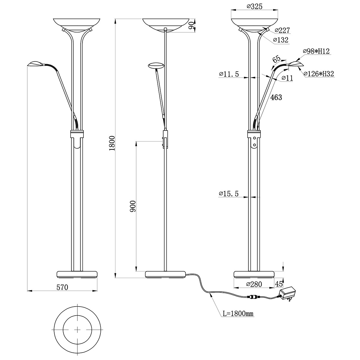 Lampadaire LED - Trion Orsan - 31W - Blanc Chaud 3000K - Dimmable - Rond - Mat Nickel - Aluminium