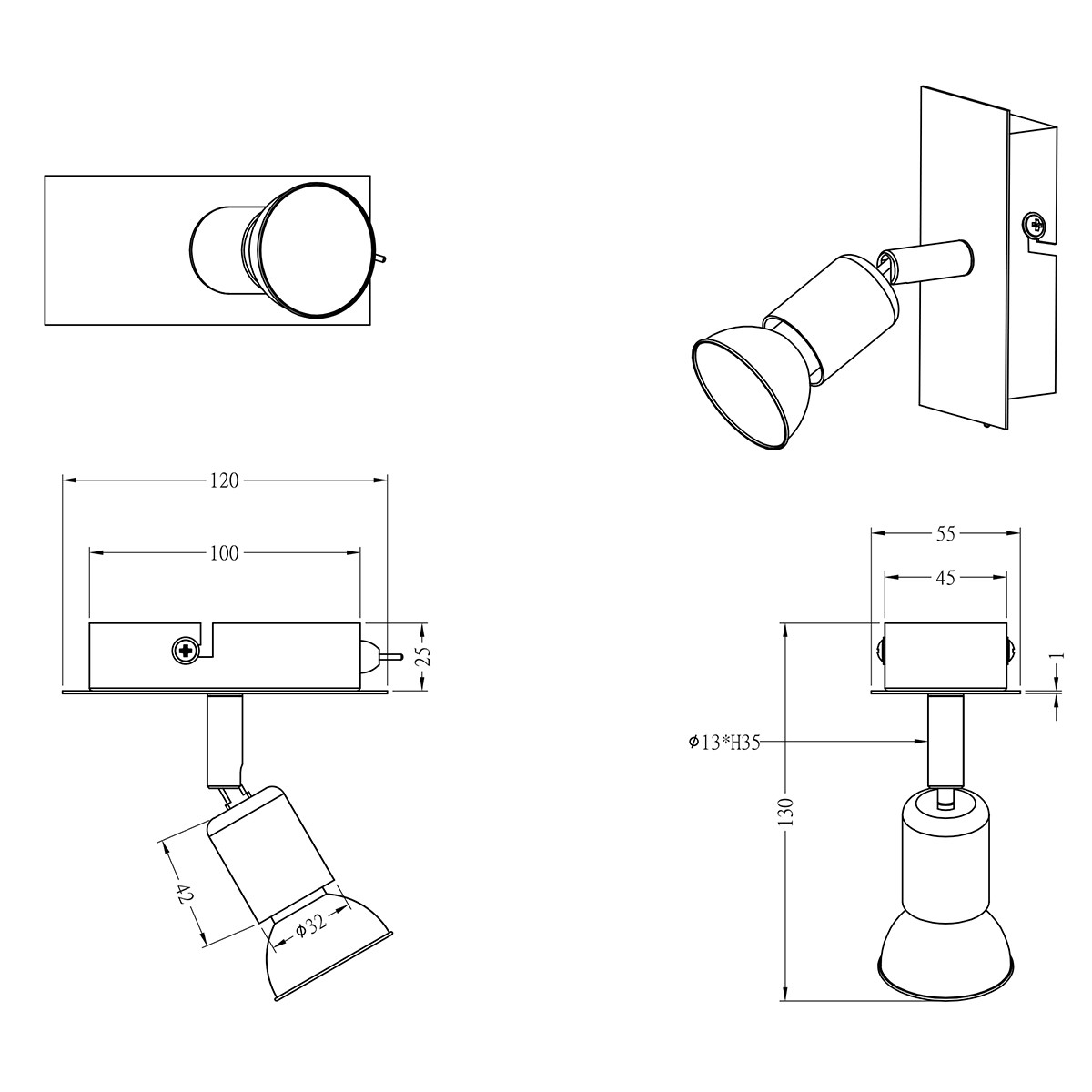 Spot Applique LED - Trion Nimo - Douille GU10 - 3W - Blanc Chaud 3000K - 1-lumière - Rectangle - Mat Nickel - Aluminium