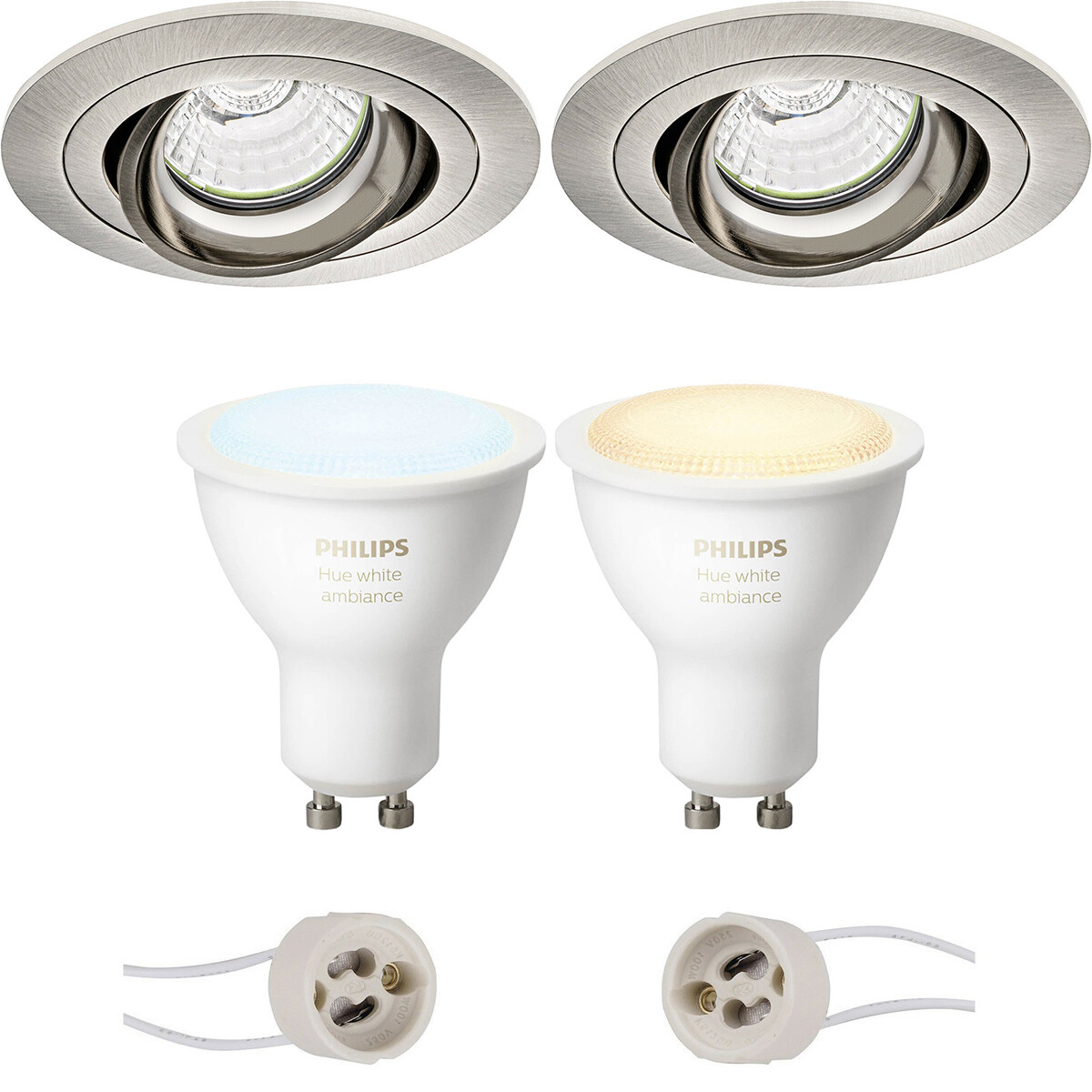 Pragmi Alpin Pro - Rond Encastré - Mat Nickel - Inclinable - Ø92mm - Philips Hue - Set de Spots LED GU10 - White Ambiance - Bluetooth