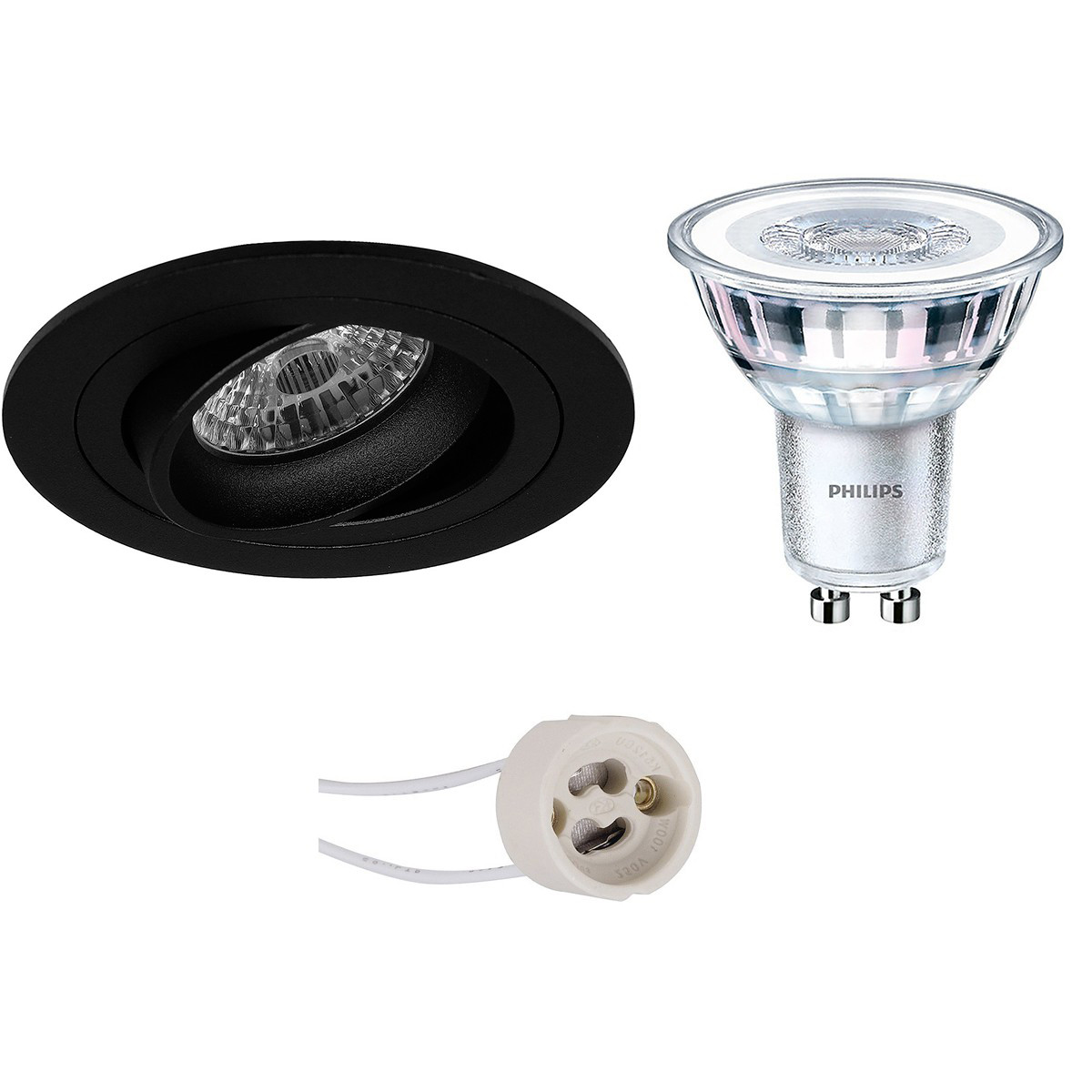 Set de spots LED - Pragmi Alpin Pro - Douille GU10 - Rond Encastré - Mat Noir - Inclinable Ø92mm - Philips - CorePro 827 36D - 3.5W - Blanc Chaud 2700K