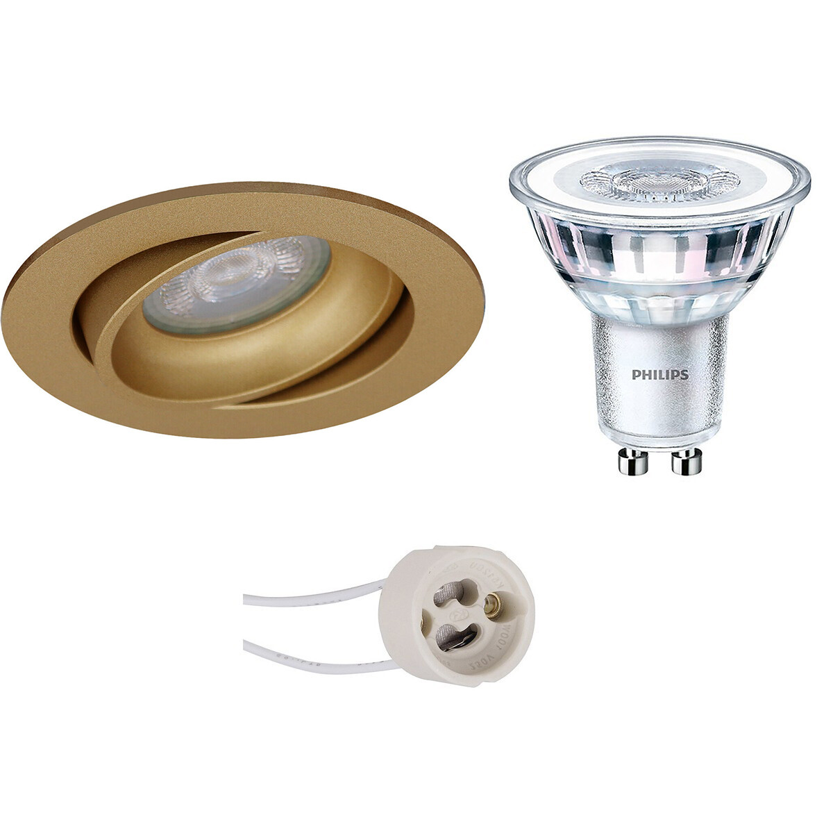 Set de spots LED - Pragmi Delton Pro - Douille GU10 - Rond Encastré - Mat Or - Inclinable - Ø82mm - Philips - CorePro 830 36D - 3.5W - Blanc Chaud 3000K