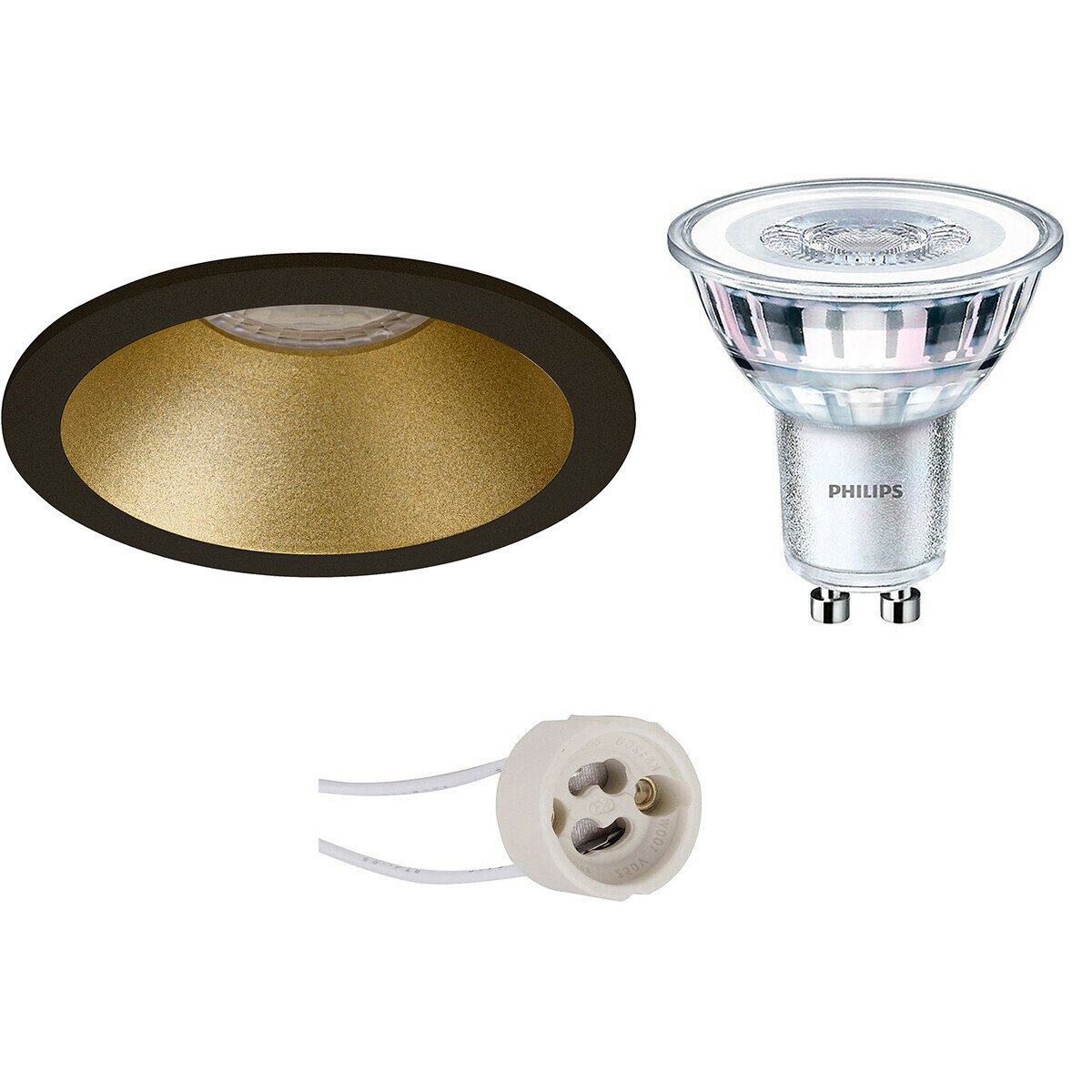 Set de spots LED - Pragmi Pollon Pro - Douille GU10 - Rond Encastré - Mat Noir/Or - Encastré - Ø82mm - Philips - CorePro 830 36D - 4W - Blanc Chaud 3000K - Dimmable