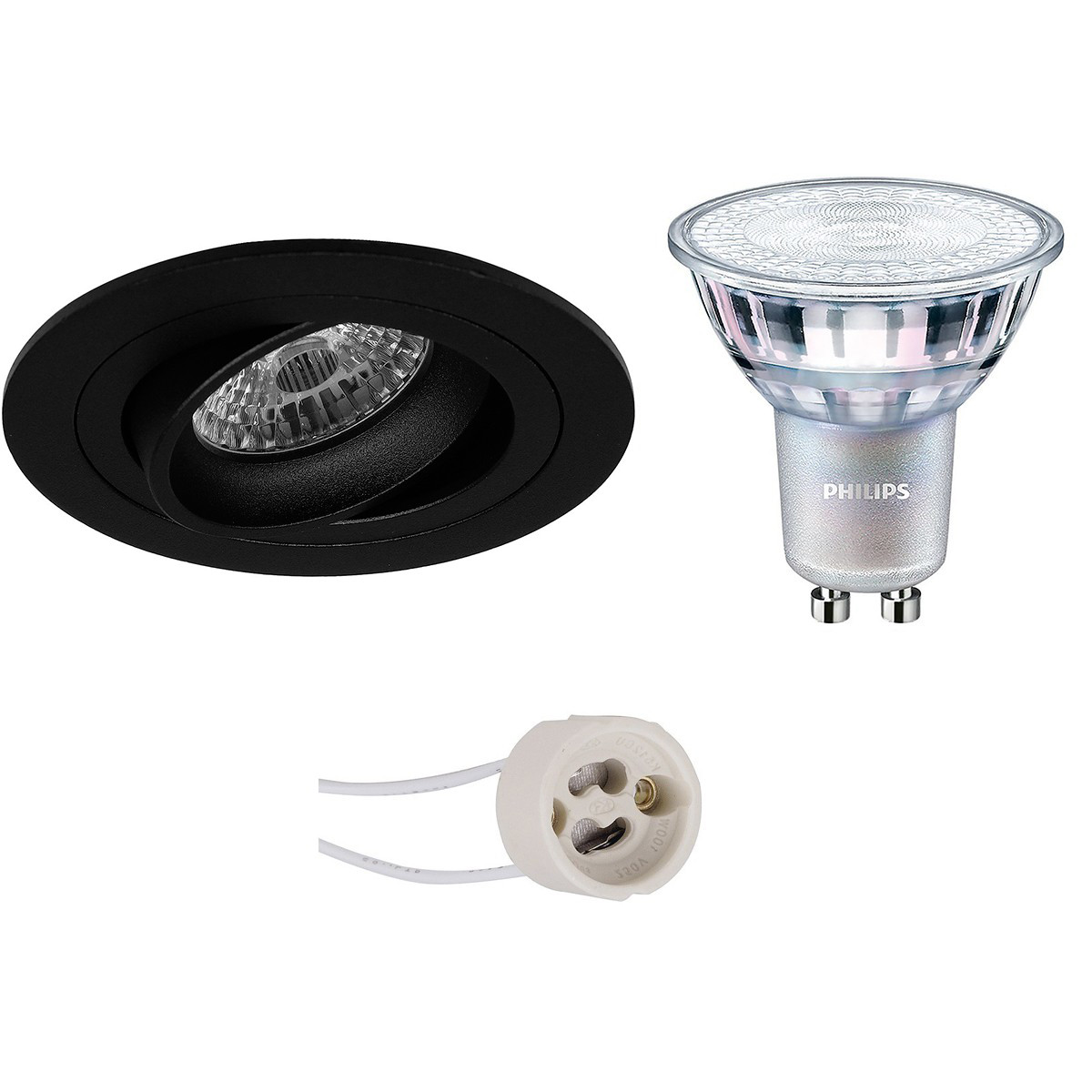 Set de spots LED - Pragmi Alpin Pro - Douille GU10 - Rond Encastré - Mat Noir - Inclinable Ø92mm - Philips - MASTER 927 36D VLE - 3.7W - Blanc Chaud 2200K-2700K - DimTone Dimmable