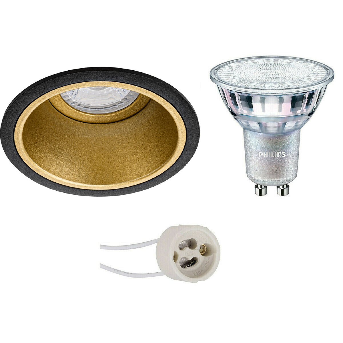 Set de spots LED - Pragmi Minko Pro - Douille GU10 - Rond Encastré - Mat Noir/Or - Encastré - Ø90mm - Philips - MASTER 927 36D VLE - 4.9W - Blanc Chaud 2200K-2700K - DimTone Dimmable