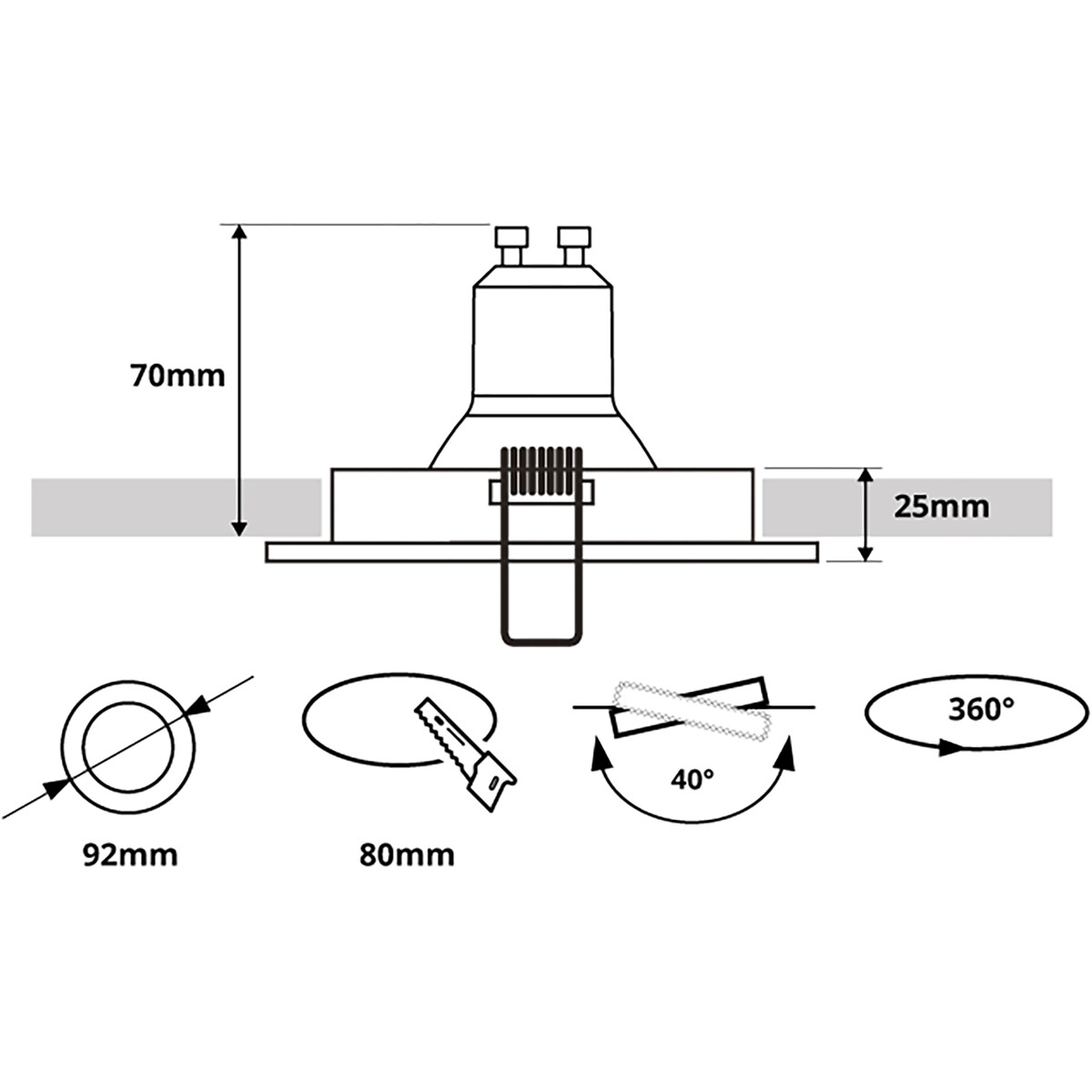 Support Spot 10 Pack - Pragmi Alpin Pro - Spot Encastré GU10 - Rond - Noir/Or - Aluminium - Inclinable - Ø92mm