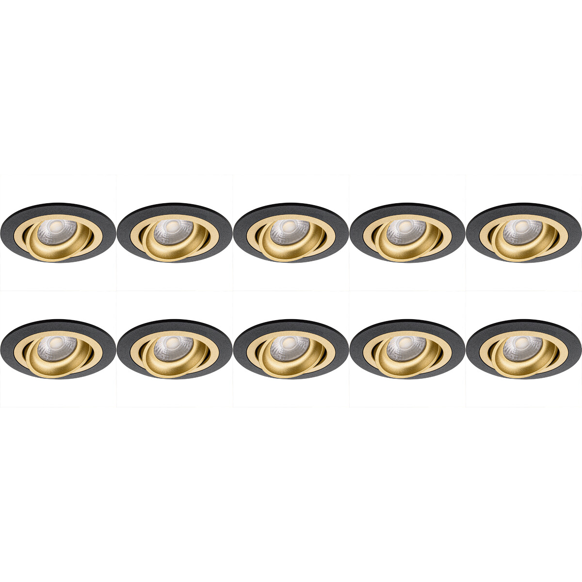 Support Spot 10 Pack - Pragmi Alpin Pro - Spot Encastré GU10 - Rond - Noir/Or - Aluminium - Inclinable - Ø92mm